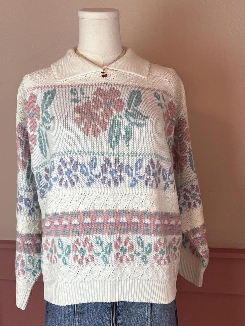 cottage granny vintage floral sweater season ticket white pink knit acrylic